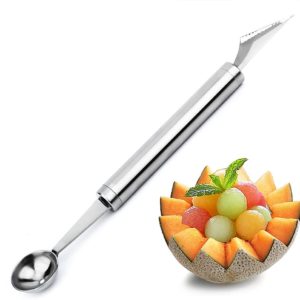 Dual-functional Stainless Steel Melon Carving Spoon Knife. Cutting or digging fruits or ice cream, such as dragon fruit, watermelon, etc.