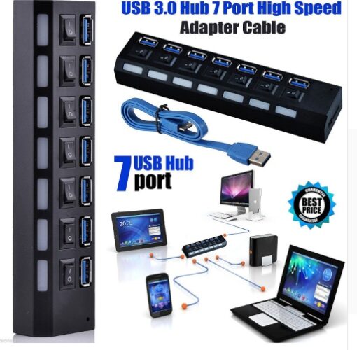 7 Port USB 3.0 External Hub High-Speed Power Adapter