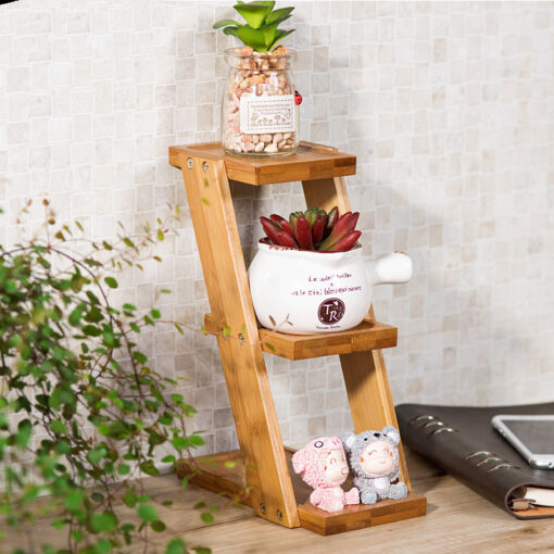 Mini Wooden Bamboo 3-Tier Plant Display Ladder Shelf Rack - Image 2