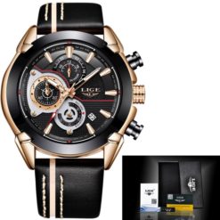 LIGE Men Luxury Leather Military Waterproof Quartz Wrist Watch