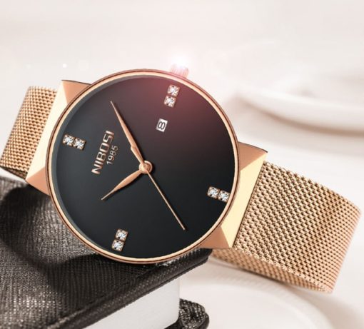 NIBOSI Waterproof Ultra-thin Steel Mesh Strap Watch