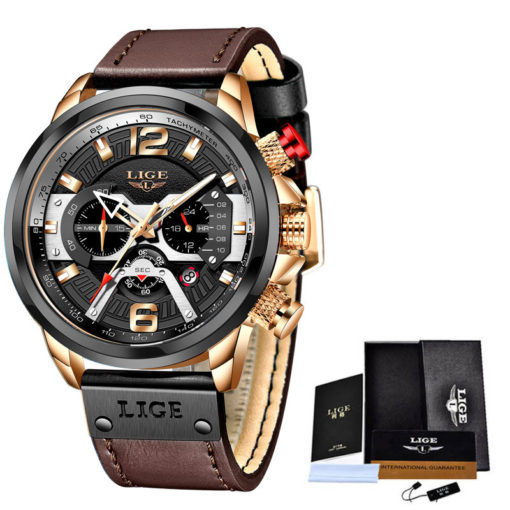 LIGE Men's Waterproof Sports Casual Leather Watch