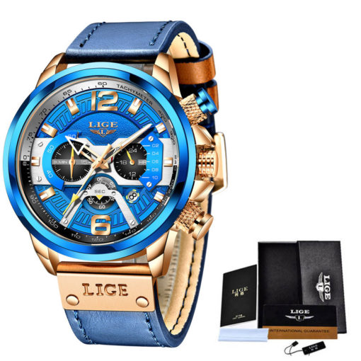 LIGE Men's Waterproof Sports Casual Leather Watch