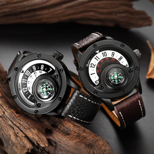 Oulm Classic Analog Leather Strap Compass Wristwatch