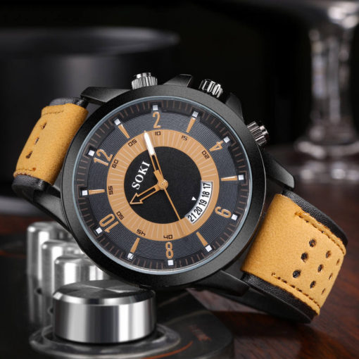 SOKI Waterproof Leather Strap Analog Date Men's Watch