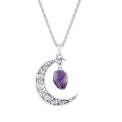 Vintage Purple Stone Crescent Moon Pendant Necklace
