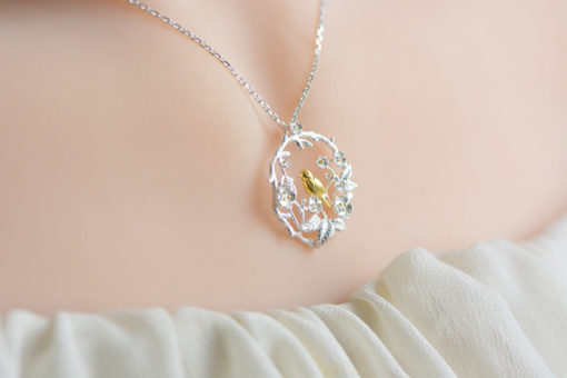 Sterling Silver Bird Flower Women Necklace Jewelry