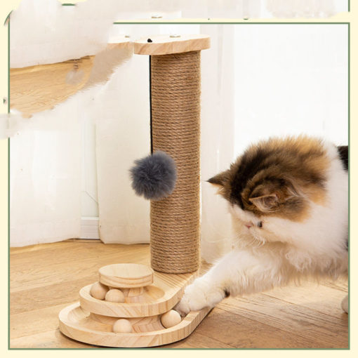 Interactive Wooden Track Ball Scratching Post Cat Toy