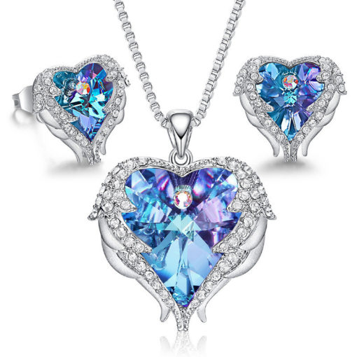 Ocean Heart Necklace Stud Earring Angel Wing Set