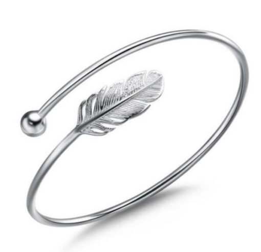 Sterling Silver White Leaf Feather Women Cuff Bracelet