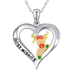 Silver Christmas Elk Heart Shaped Pendant Necklace