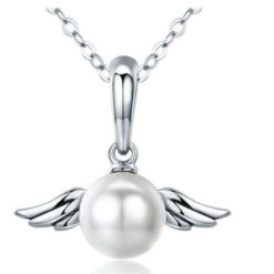Sterling Silver Pearl Angel Wings Pendant Necklace