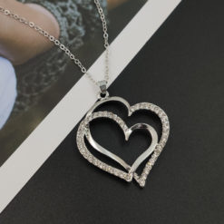 Double Love Heart Rhinestone Choker Silver Necklace