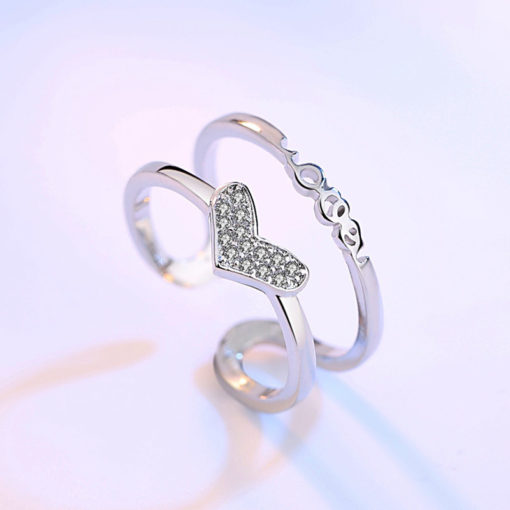 Creative Silver Diamond Hollow Heart Adjustable Ring