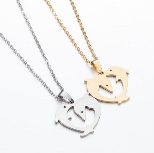 Stainless Steel Playful Couple Dolphin Pendant Necklace