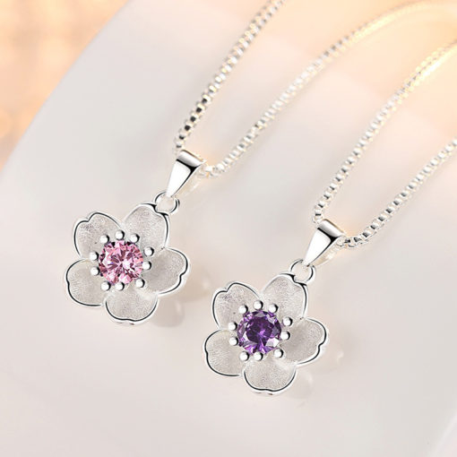 Sterling Silver Zircon Peach Blossom Pendant Necklace