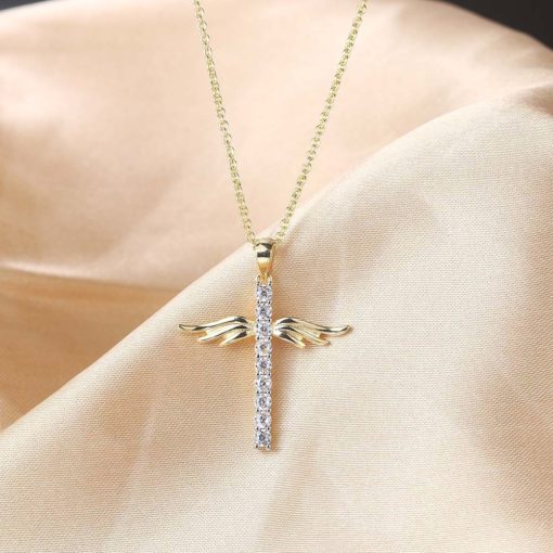 Angel Wings Cross Diamond Pendant Choker Necklace