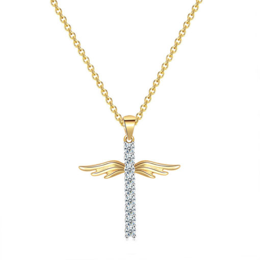 Angel Wings Cross Diamond Pendant Choker Necklace