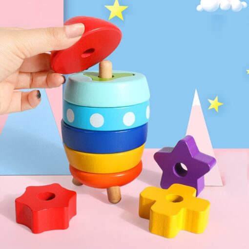 Double-layer Stacking Rainbow Tower Rocket Wood Toy