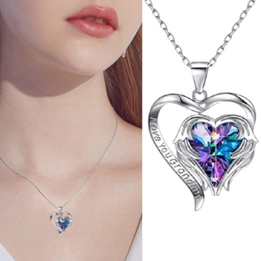 Angel Wings Heart Shaped Crystal Pendant Necklace