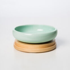 Durable Wooden Base Ceramic Pet Food Feeder Bowl