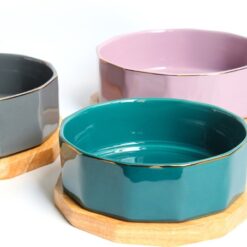 Wooden Base Ceramic Non-slip Cat Food Feeder Bowl
