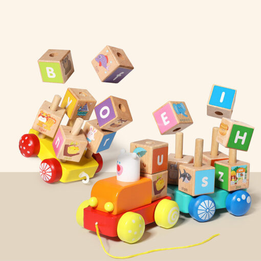 Wood Building Block Beech 26 Letters Train Puzzle Toy