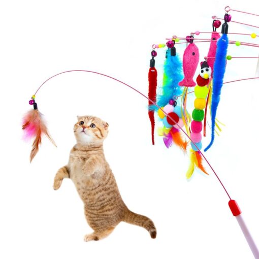 Interactive Cat Teasing Stick Feather Bells Wire Toys