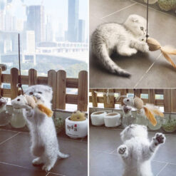 Interactive Funny Wooden Cat Stick Feathers Toy