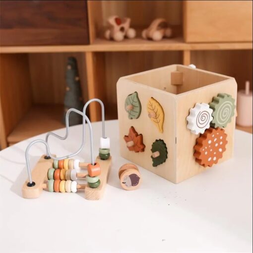 Multi-functional Wooden Bead Wrapped Activity Cube Toy