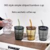 Leak-proof Striped Bamboo Glass Water Cup Wind Straw