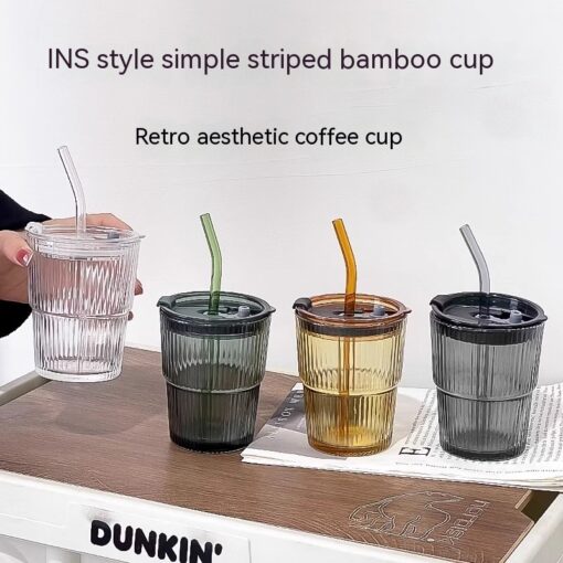 Leak-proof Striped Bamboo Glass Water Cup Wind Straw