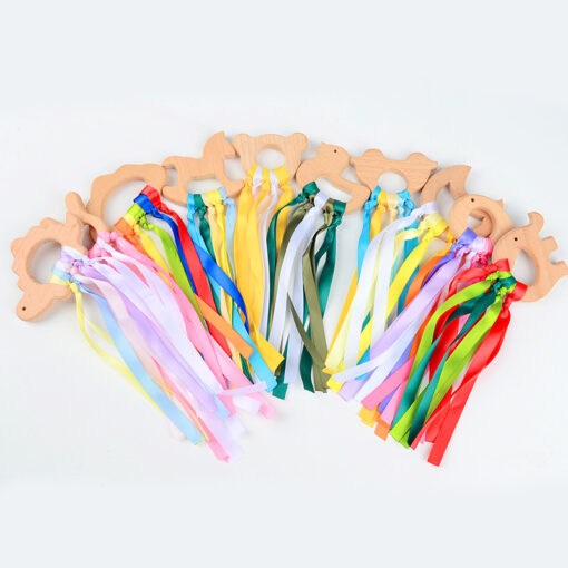 Colorful Ribbon Satin Beech Baby Wooden Teether Toy