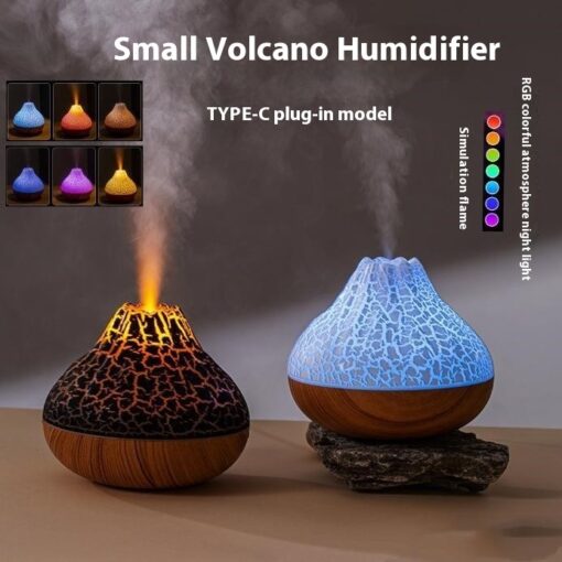 Wood Grain Volcano Colorful Night Light Lamp Humidifier